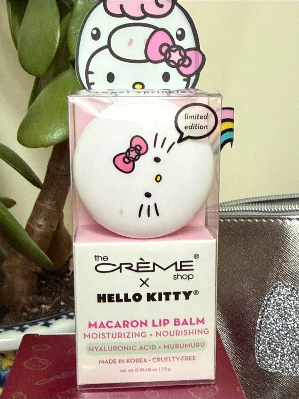 Hello Kitty Pink Macaron Lip Balm Hello Kitty Bath Bomb in Bow Cosmetic Bag